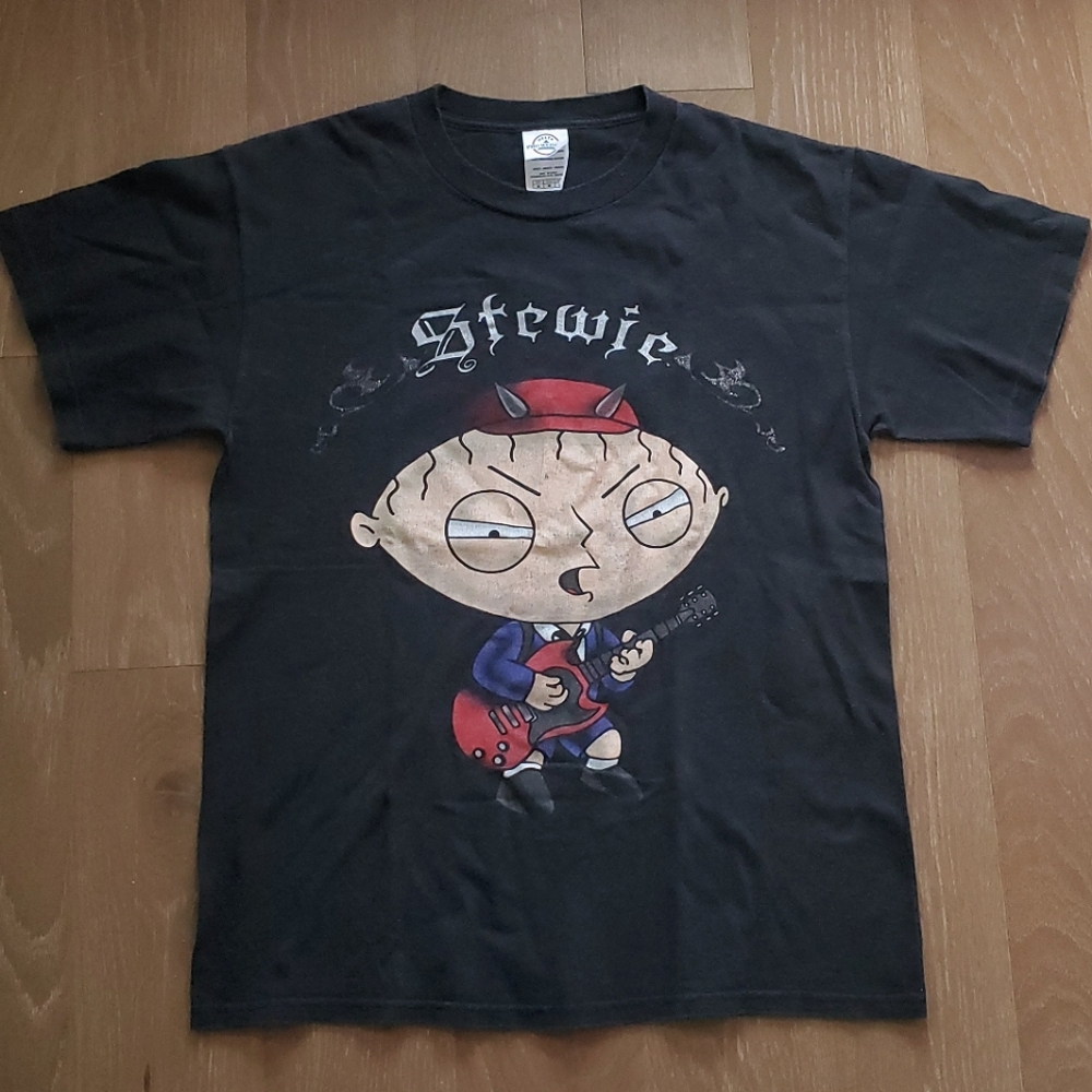 Family Guy Stewie AC/DC T-Shirt MEDIUM Black 00's y2k Angus Young Rock Tee VTG